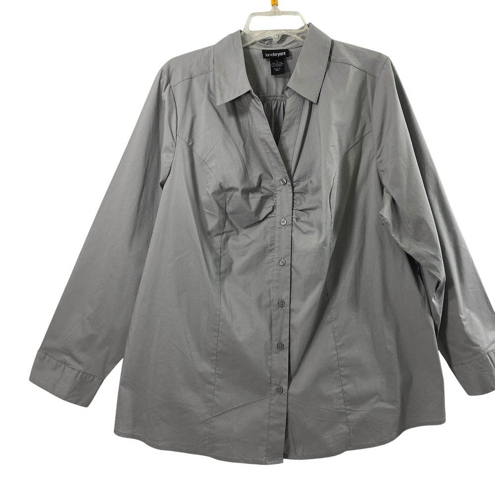 Lane Bryant Blouse Women 22 Grey Ruched Bust Button UP Long Sleeve Office Staple